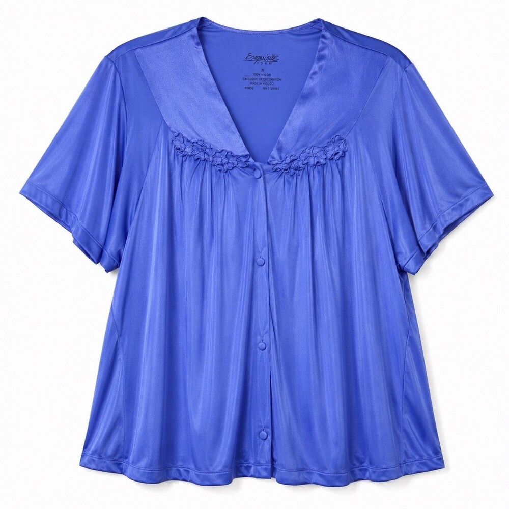 Exquisite Form Women's 1X Blue Nylon Satin Short Sleeve Button Front Lounge
